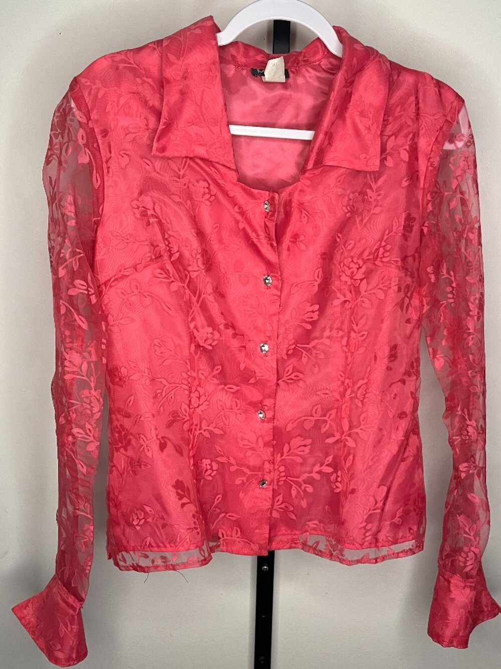 Vintage MSK Floral Pink Button Up Jacket with See-through Sleeves Size Medium